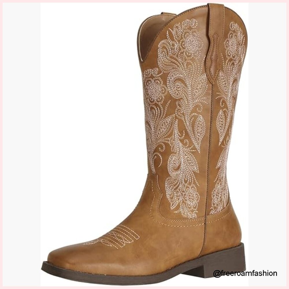 Women's Floral Embroidered Square Toe Cowboy Boots Western Fashion
